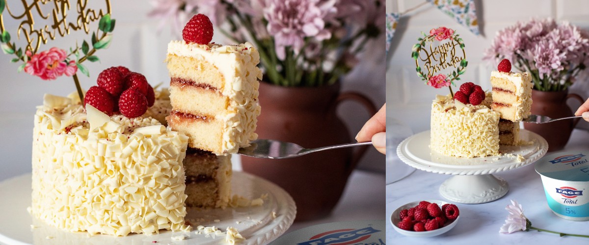 Witte chocolade & frambozen verjaardagstaart